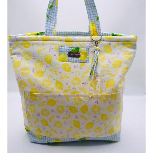 Basic Lizbet Library Market Tote Bag, Lemon Gingham 12 x 13.5 x 3" With Pockets - Picture 7 of 9